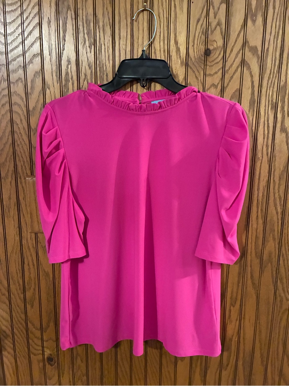 CeCe Hot Pink Ruffle Neck Puff Sleeve Blouse